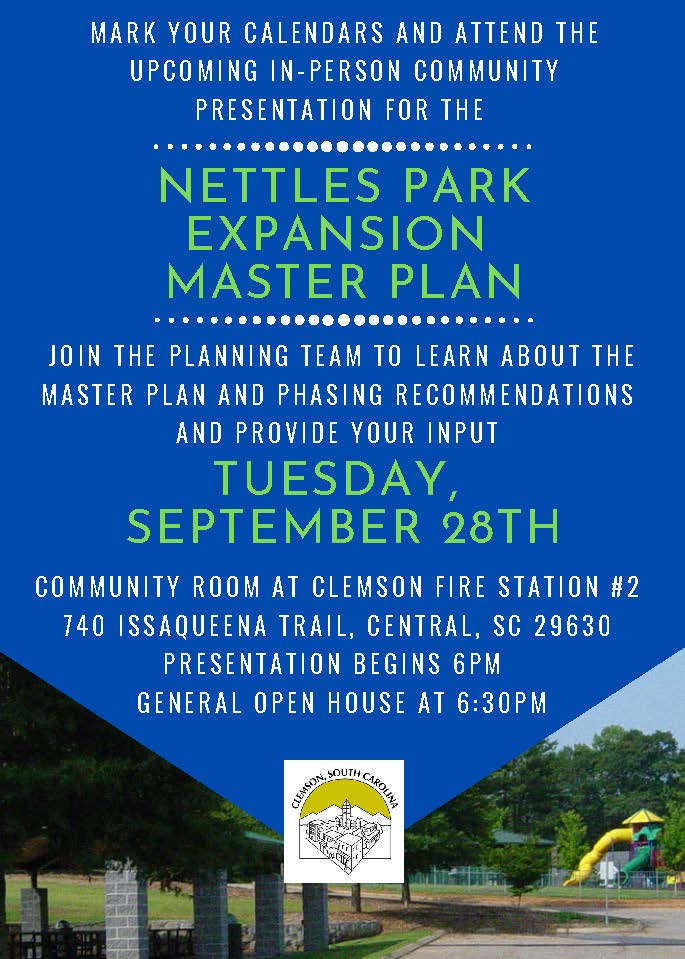 Nettles Park Master Plan Presentation September 28 at 6pm at Clemson Community Room